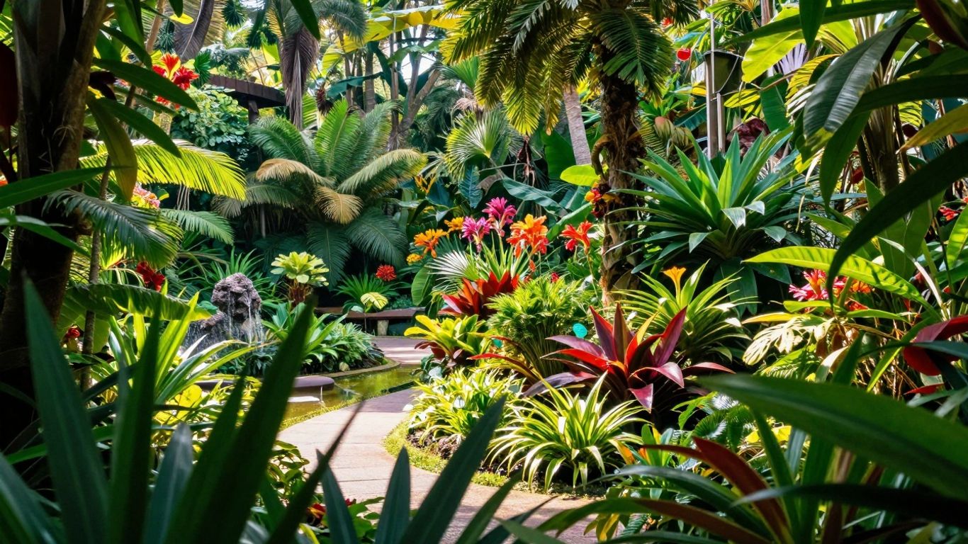 Tropisch paradijs met weelderige planten en bloemen.