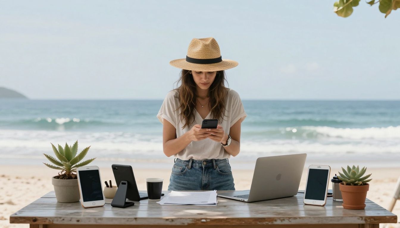 Pessoa trabalhando em um café à beira-mar, rodeada de dispositivos eletrônicos e com vista para o oceano