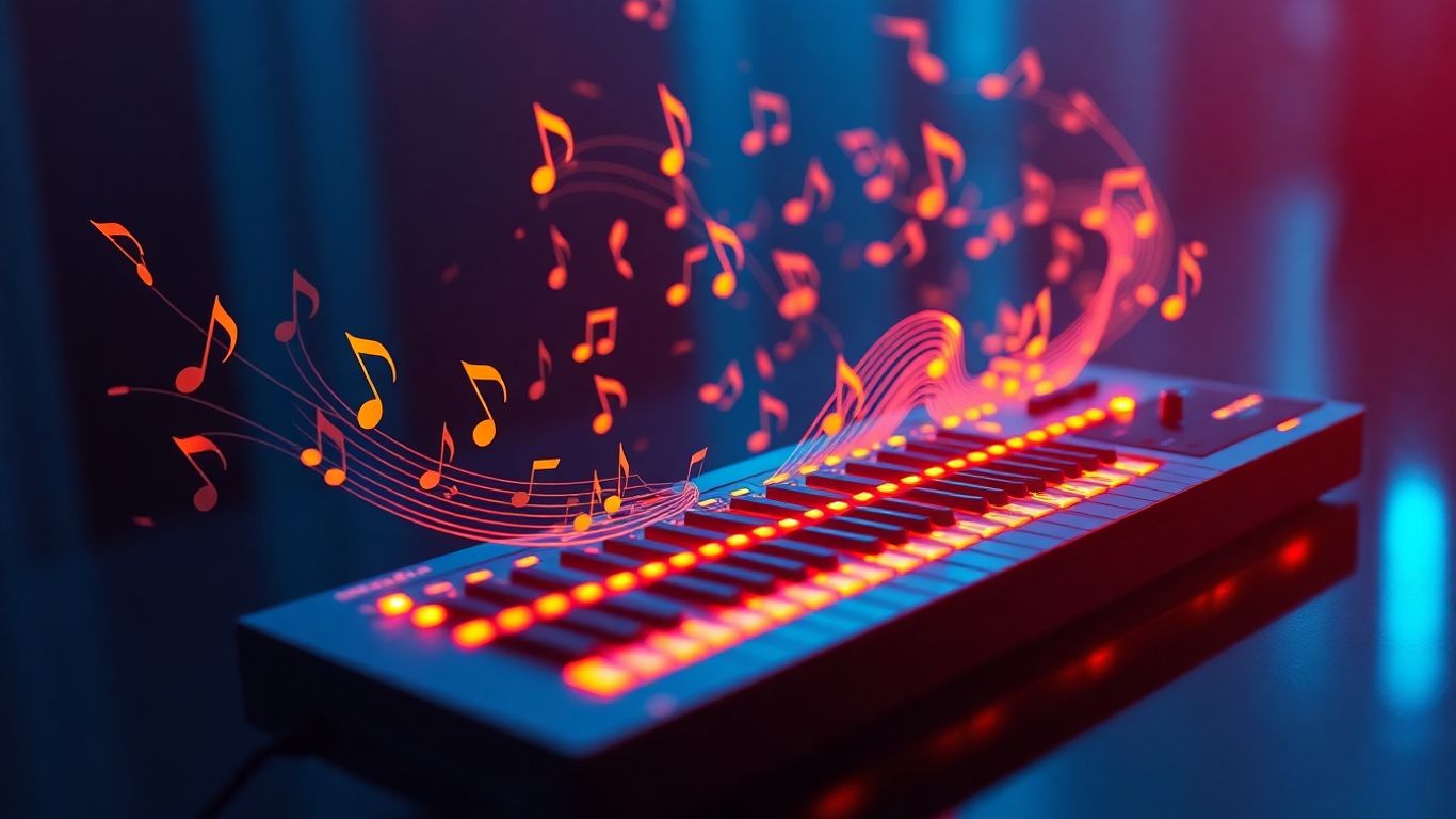 AI creating jazz music with futuristic visuals.