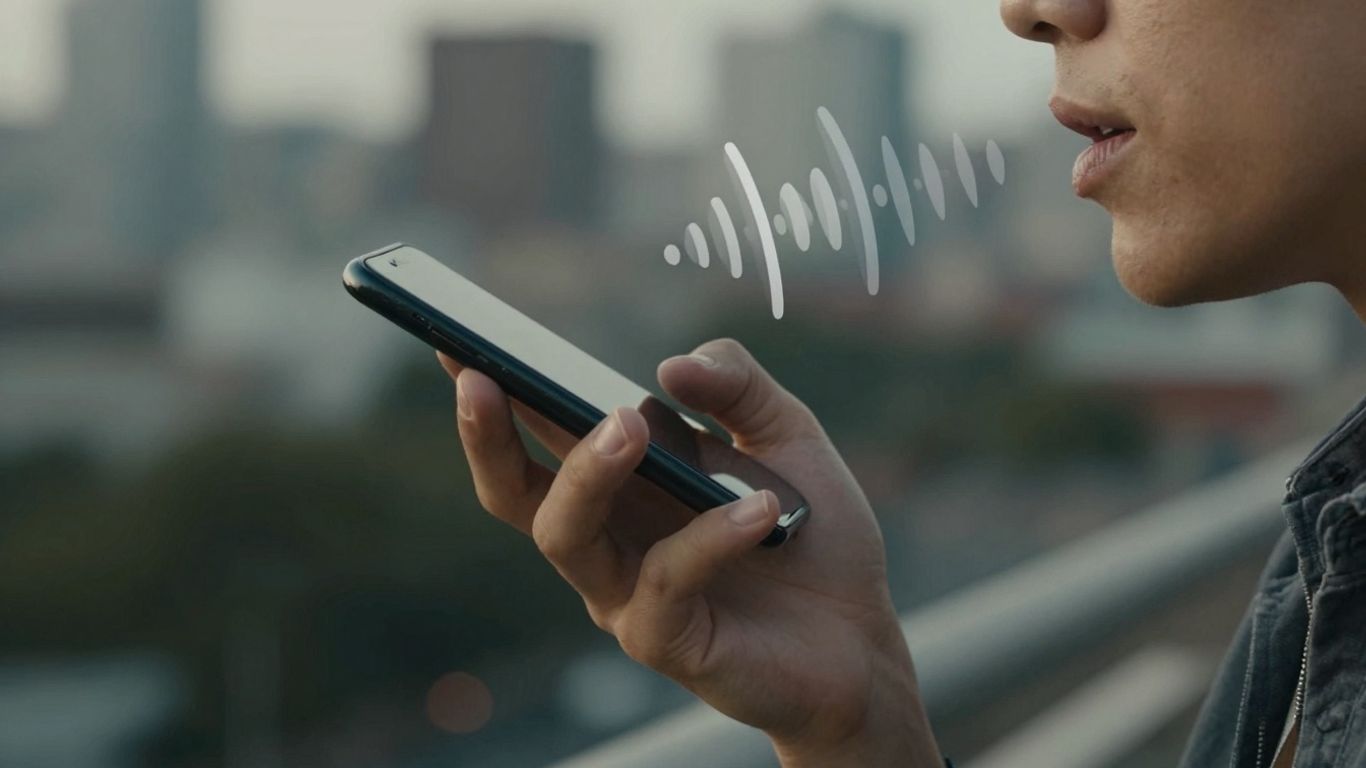 Personne parlant dans un smartphone pour recherche vocale locale