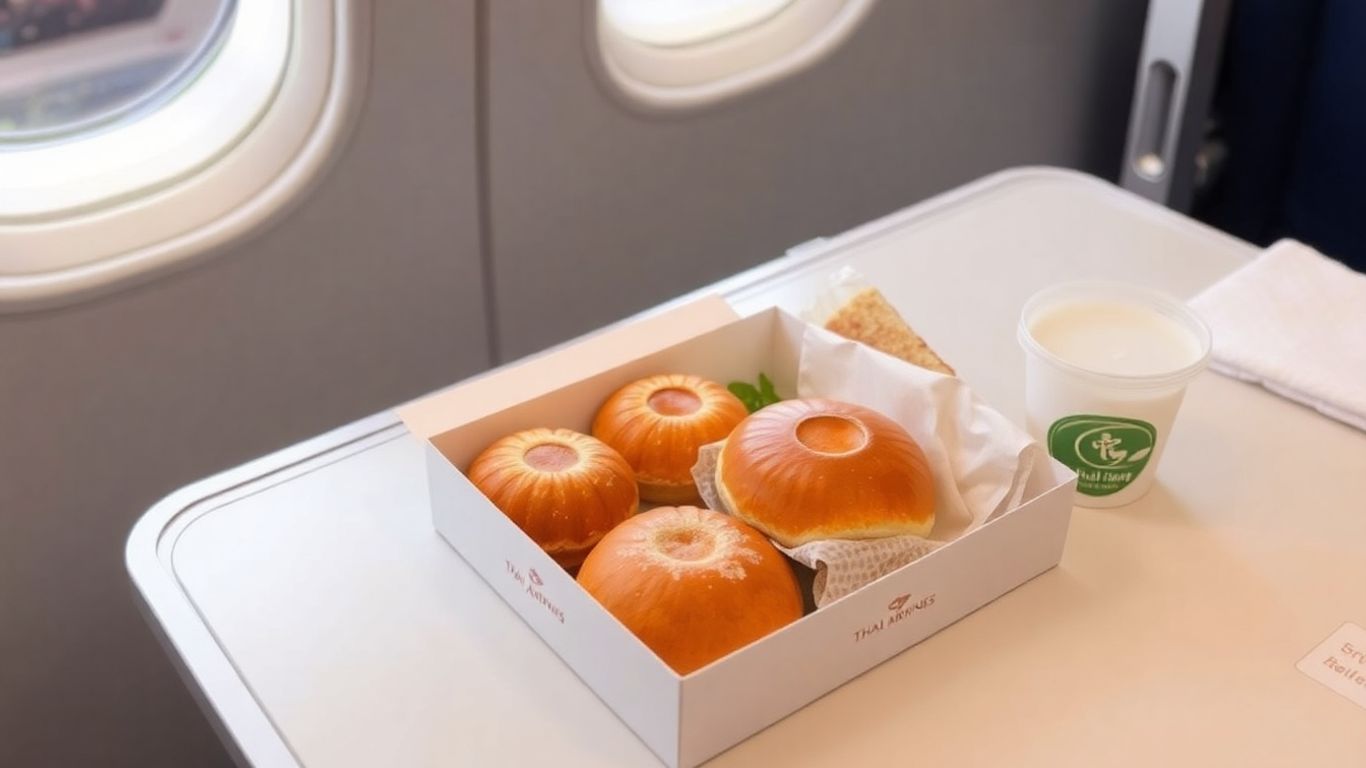 กล่องสแน็คบ็อกซ์การบินไทยพร้อมอาหารว่างบนถาดเครื่องบิน