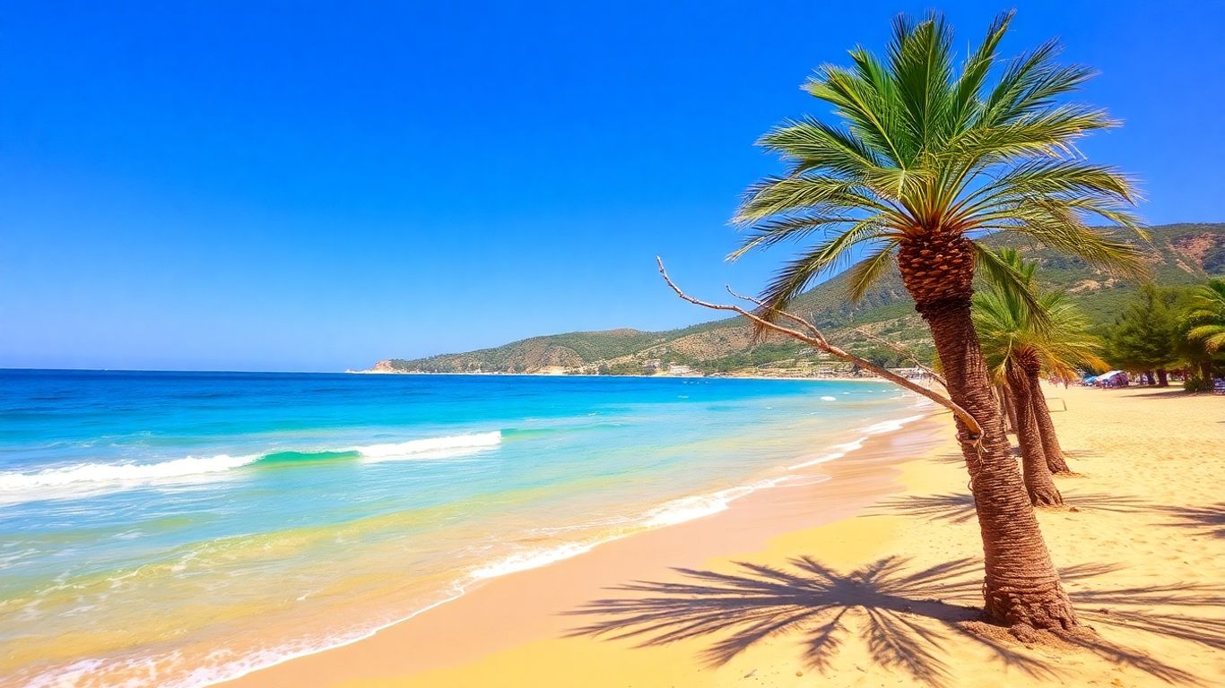 Sunny beach in Cyprus with golden sand and blue water.