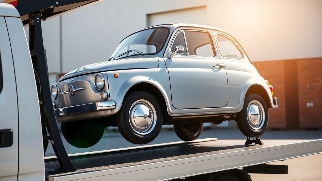 Fiat car being towed by a professional removal service truck.