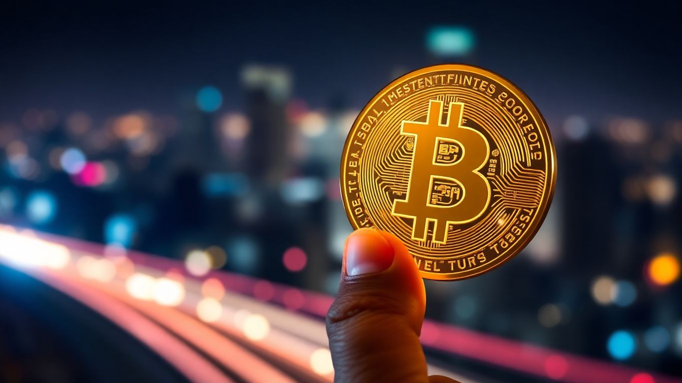 Golden Bitcoin coin held in hand, digital city background.