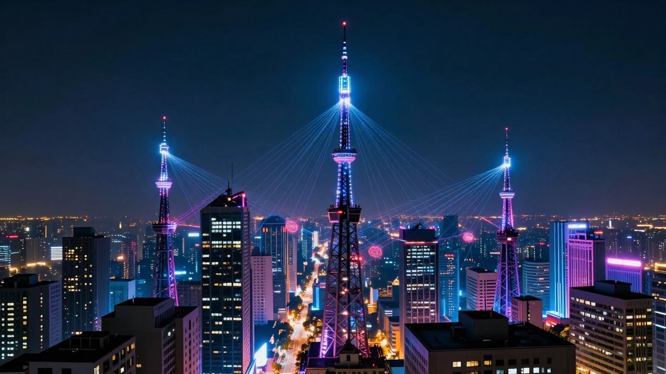 Oraș futurist cu turnuri de comunicații avansate și fluxuri de energie.