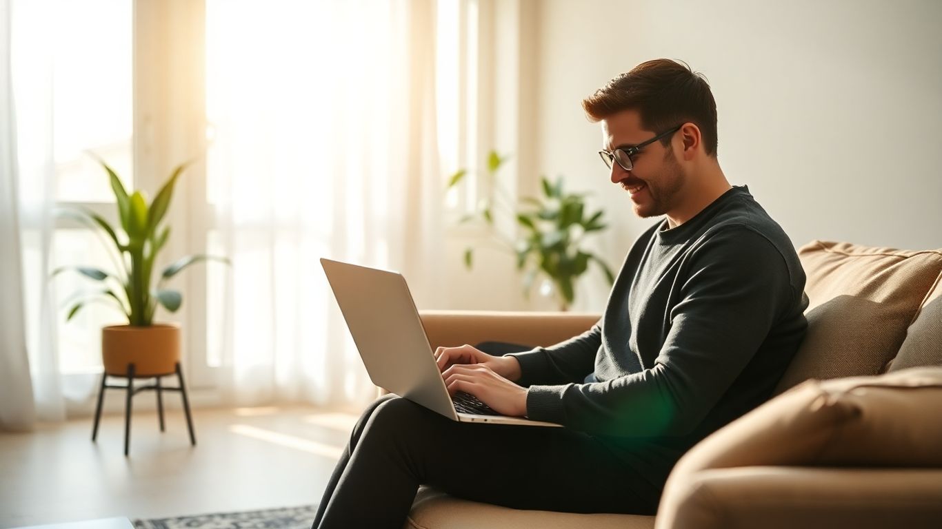 Femeie lucrează pe laptop într-un spațiu modern, luminos.