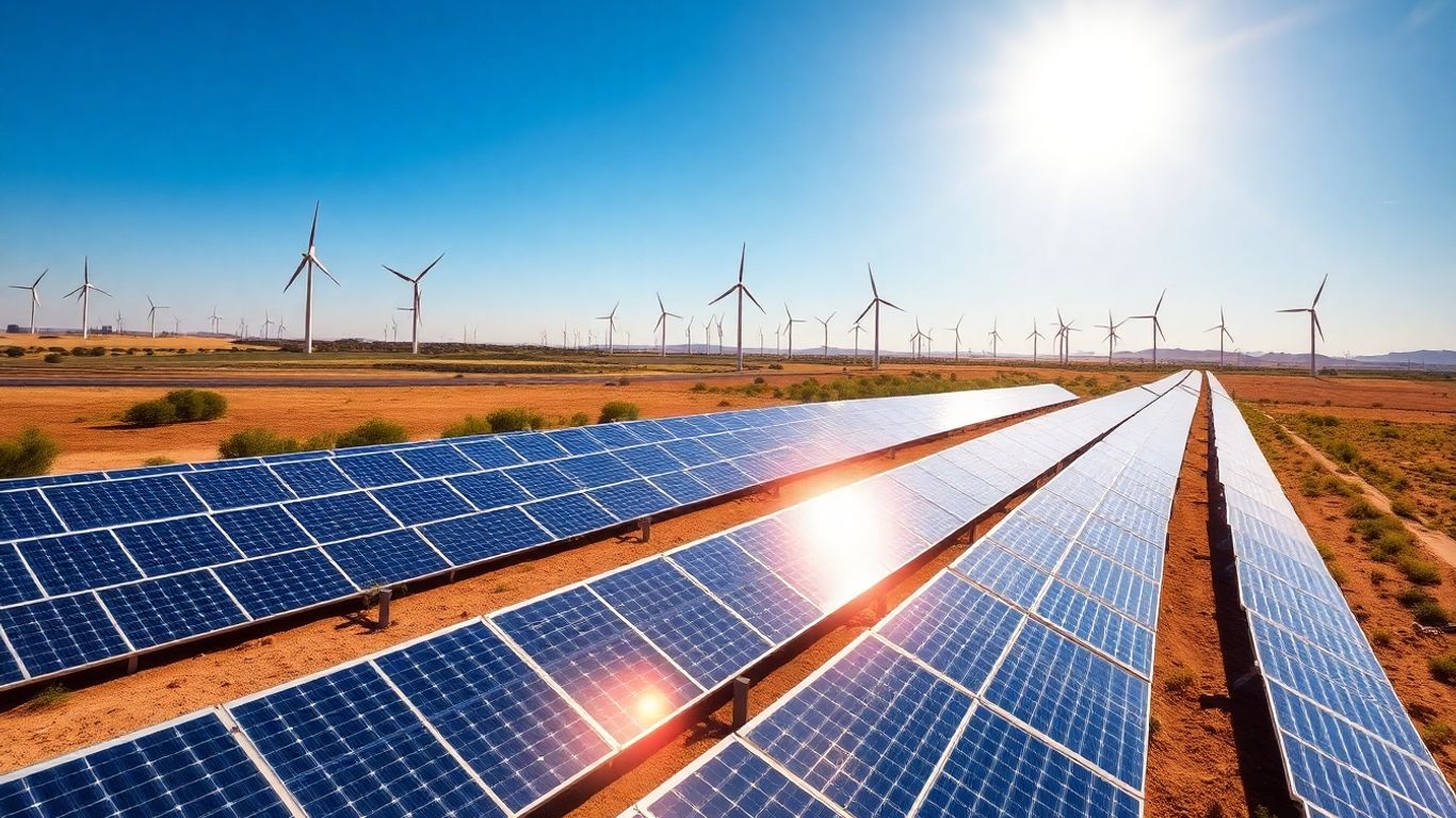 Panou solar și turbine eoliene pe un câmp însorit.