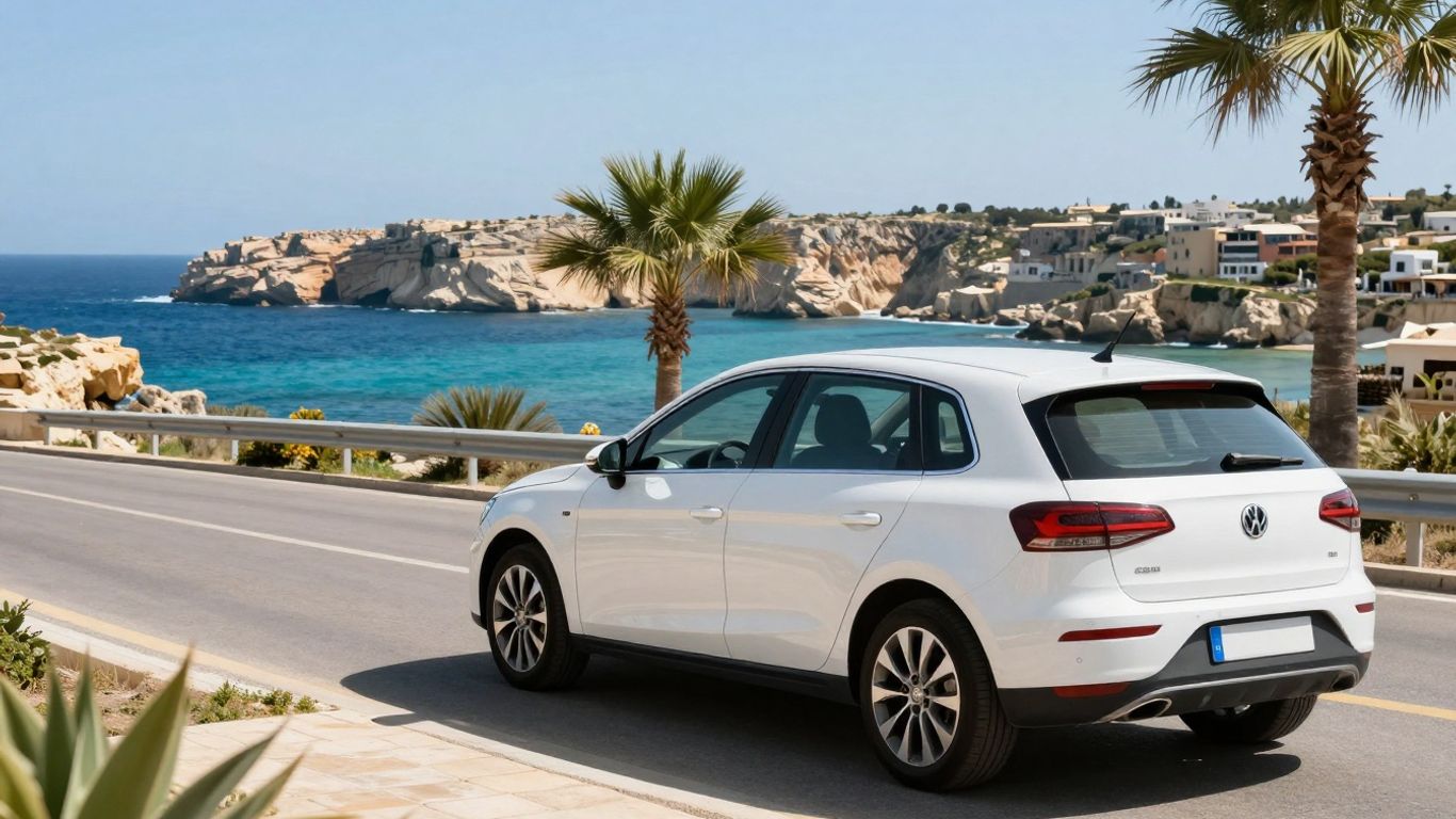 Malta car hire with scenic coastal road and ocean.