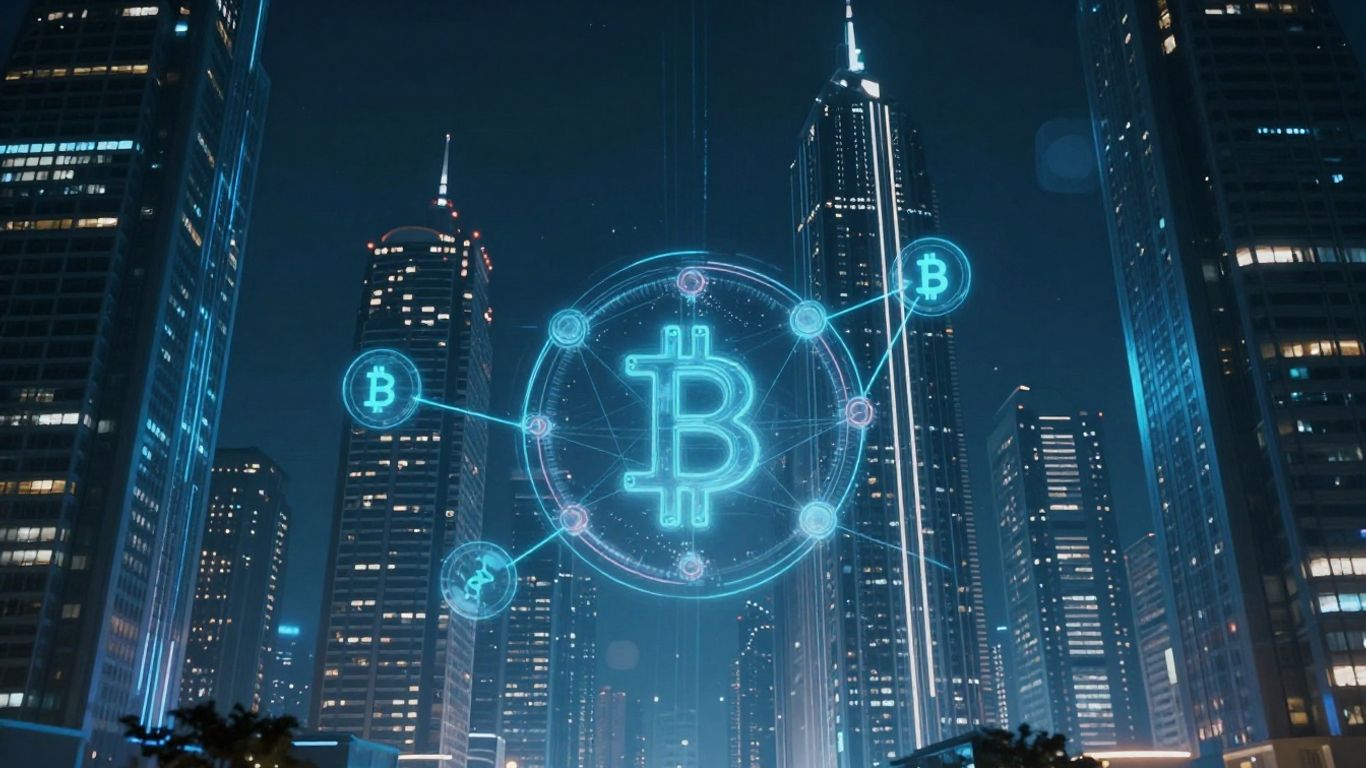Futuristic cityscape with digital streams and blockchain nodes.