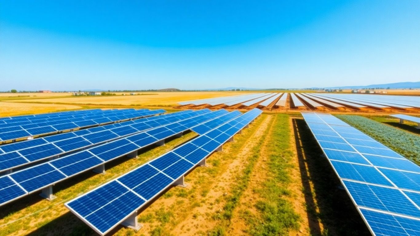 Solar panel field under a blue sky