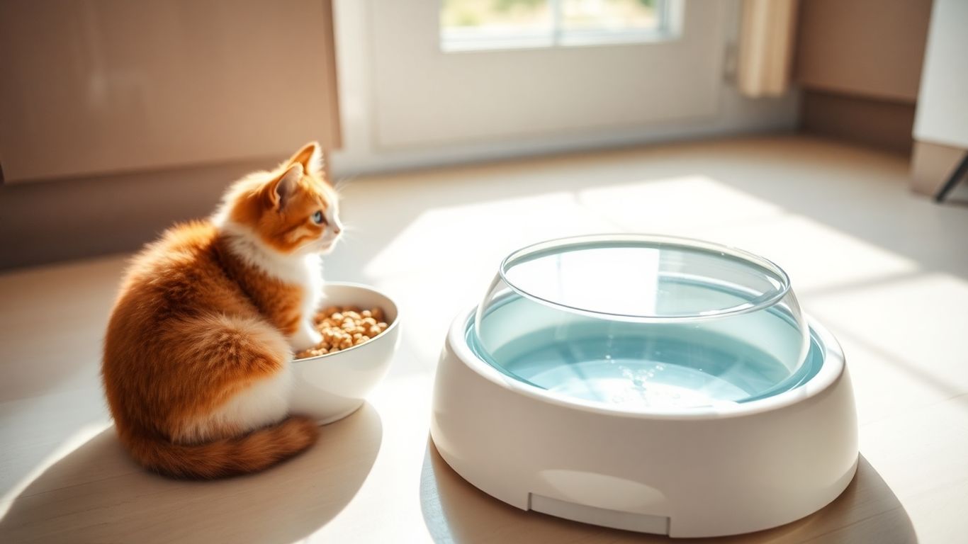Clean cat food and water bowls on floor.