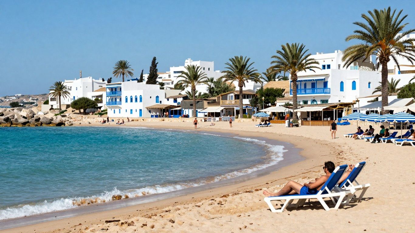 Tunisian beach with palm trees and white buildings.