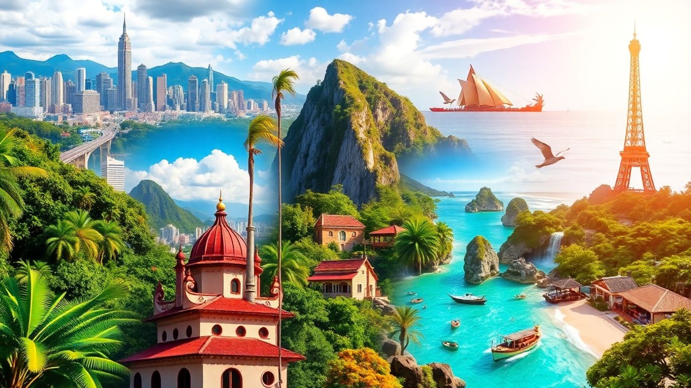 Collage of global landmarks and natural wonders.