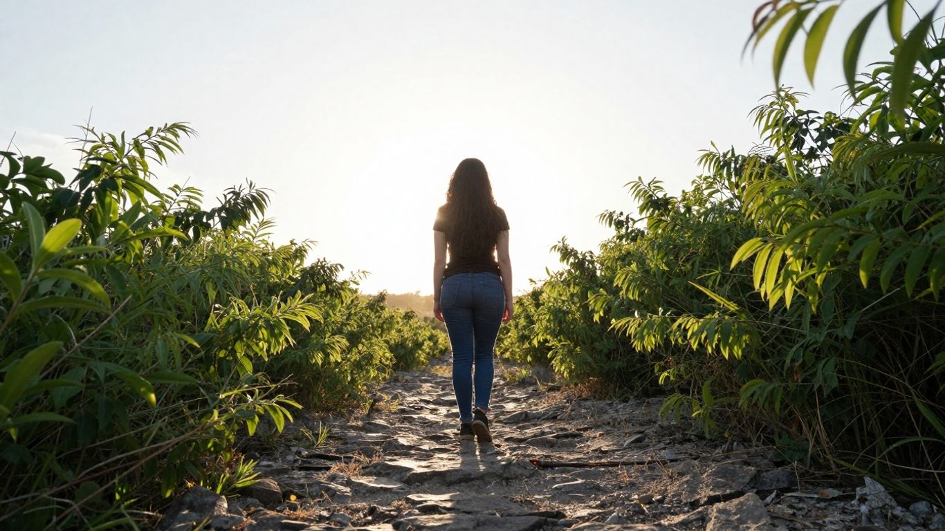 Person on rocky path looking towards a bright horizon.