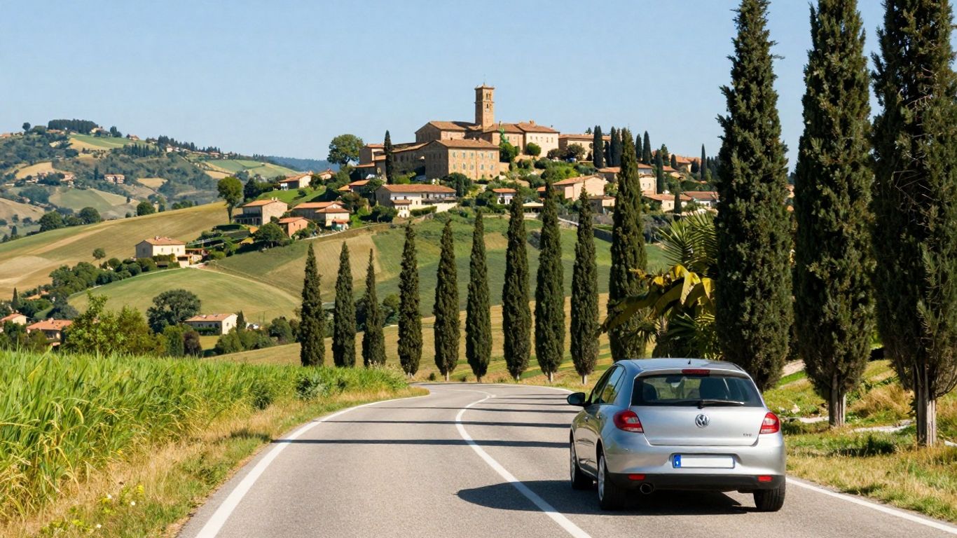 Coche viajando hacia Bolonia por carretera esc&eacute;nica.