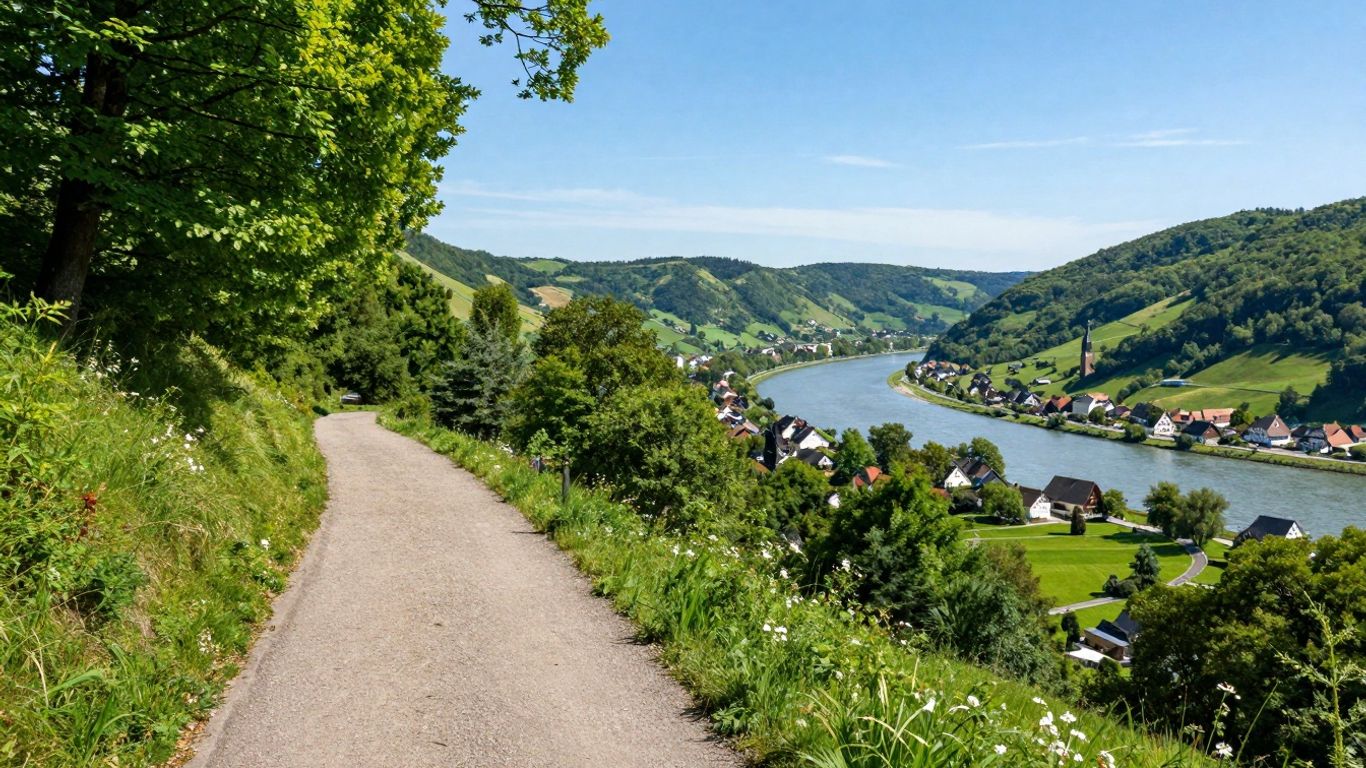 Wanderweg am Rhein mit grünen Wäldern und Fluss