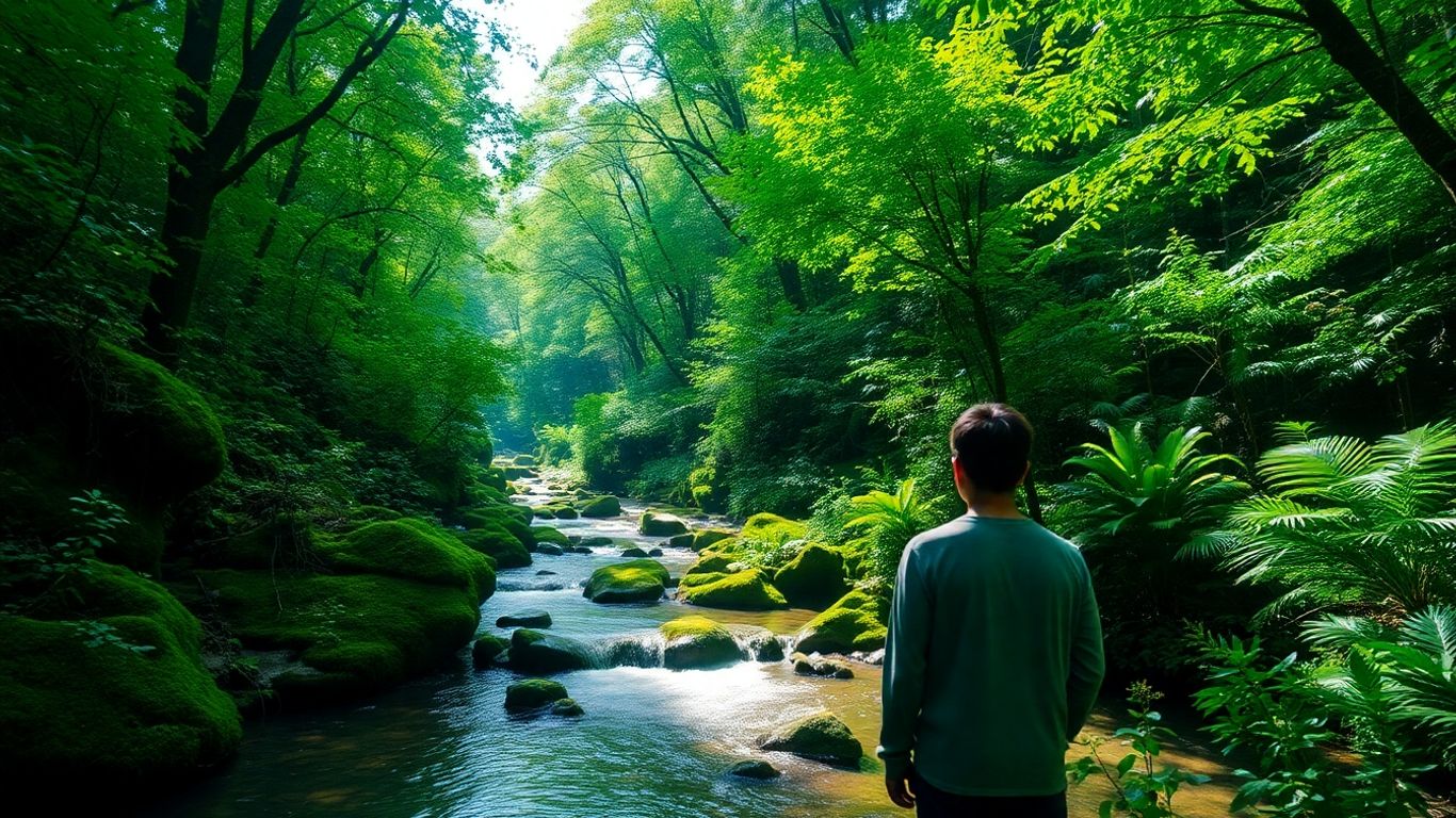 Peisaj montan cu pădure verde și râu limpede.