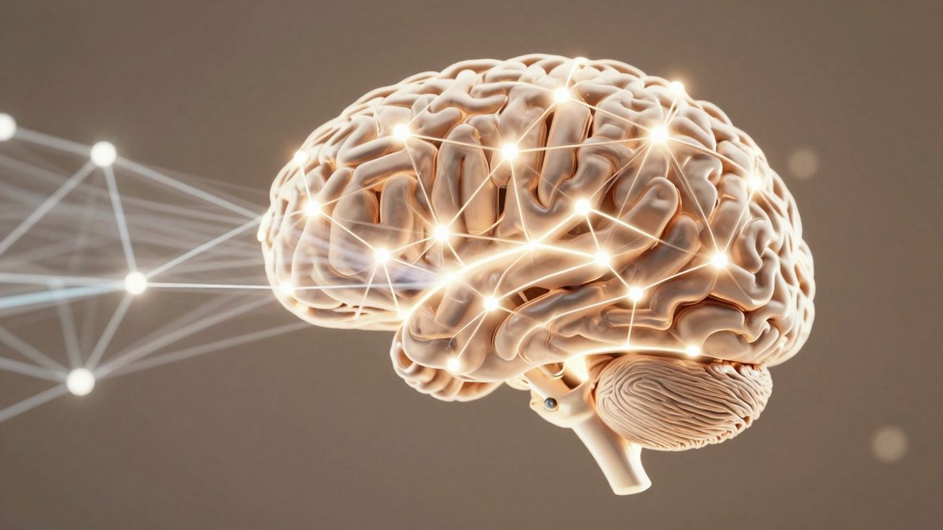 Brain connected to a digital network with light streams.