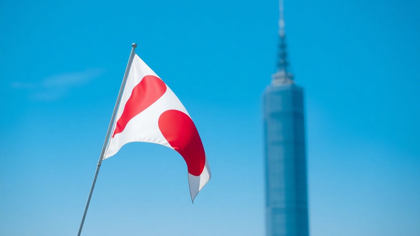 Japanese flag with Taiwan skyline in background.