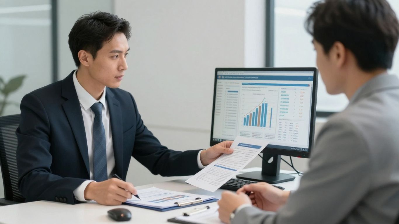 Loan servicer assisting a client with financial documents.