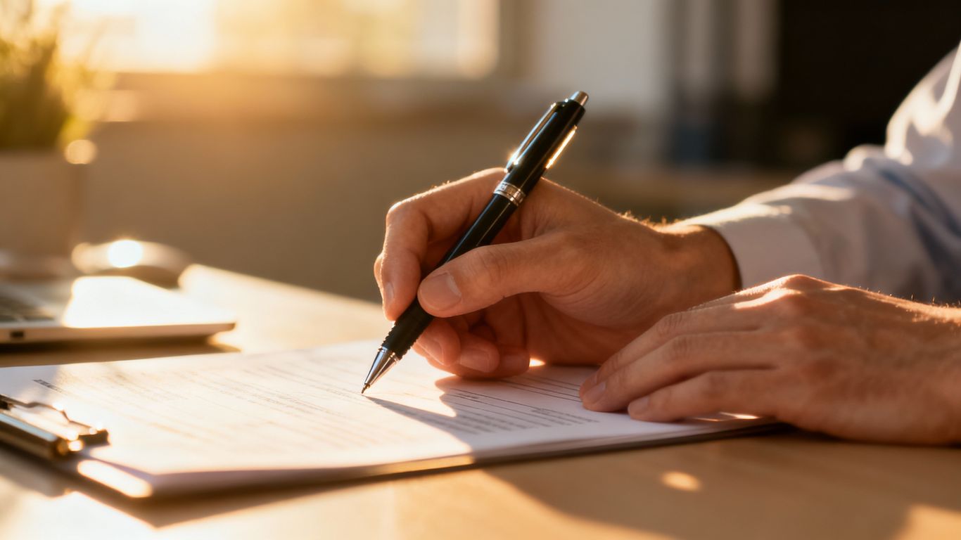 Hands signing a legal document for a will.
