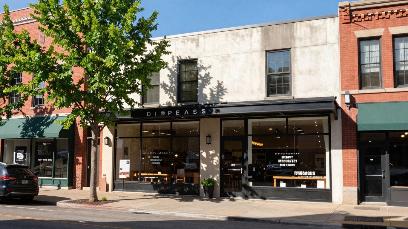 Denver dispensary exterior with trees and sunlight.