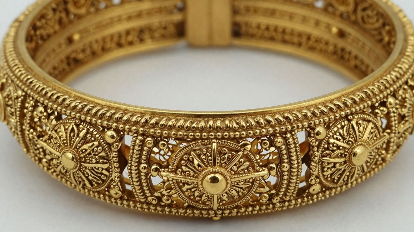 Intricate gold Nakshi bangles with detailed traditional patterns.