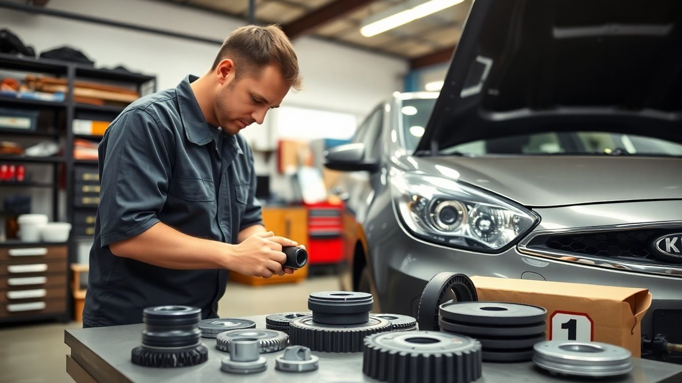Mechanic working on old Kia car in garage