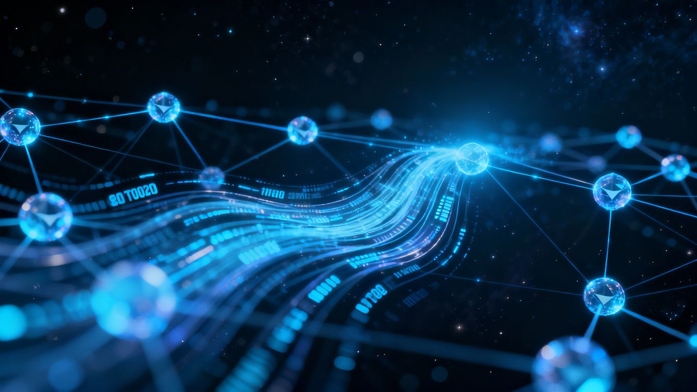 Ethereum staking cluster with interconnected glowing nodes.