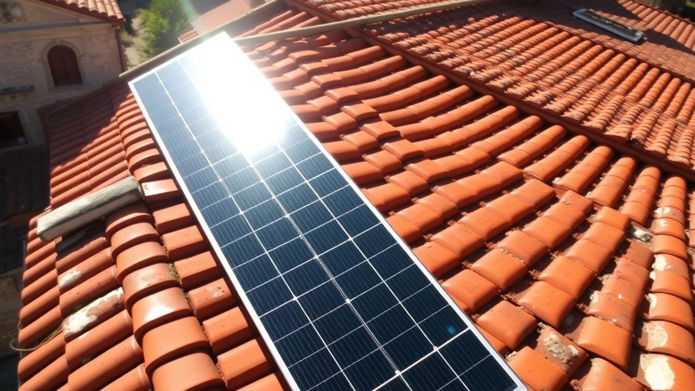 Solar panel on a roof with historical architecture.