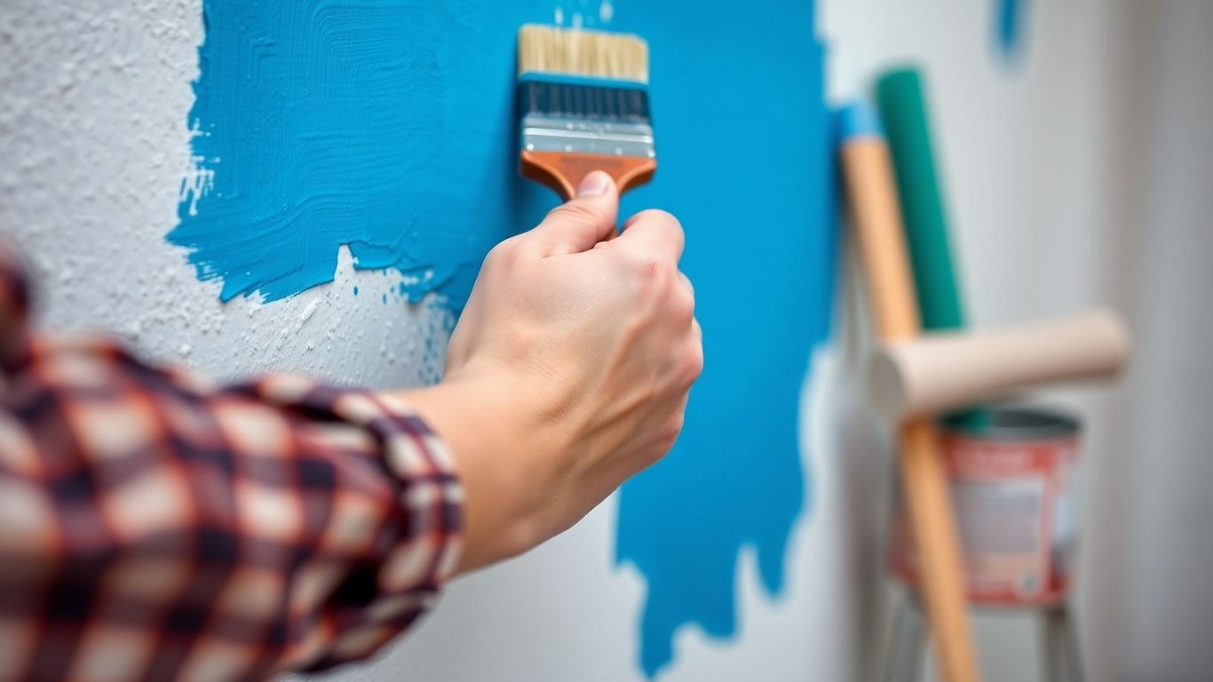 Painter's hands applying paint to a wall.