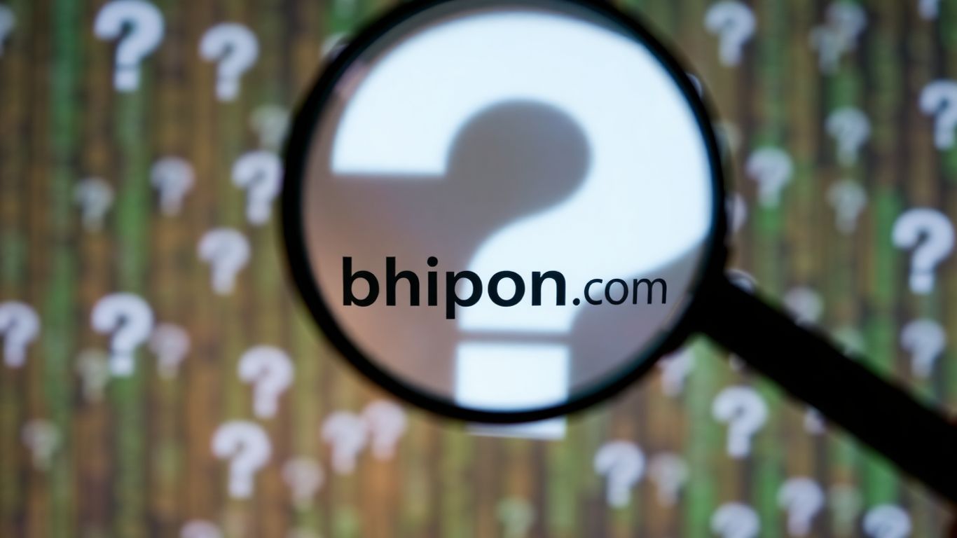 Magnifying glass over Bhipone.com logo, digital investigation.