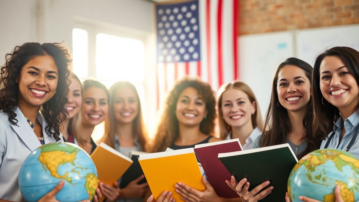 Teachers with books and globes, American flag background.