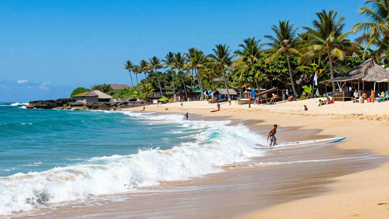 Surfers catching waves on a sunny Bali beach.
