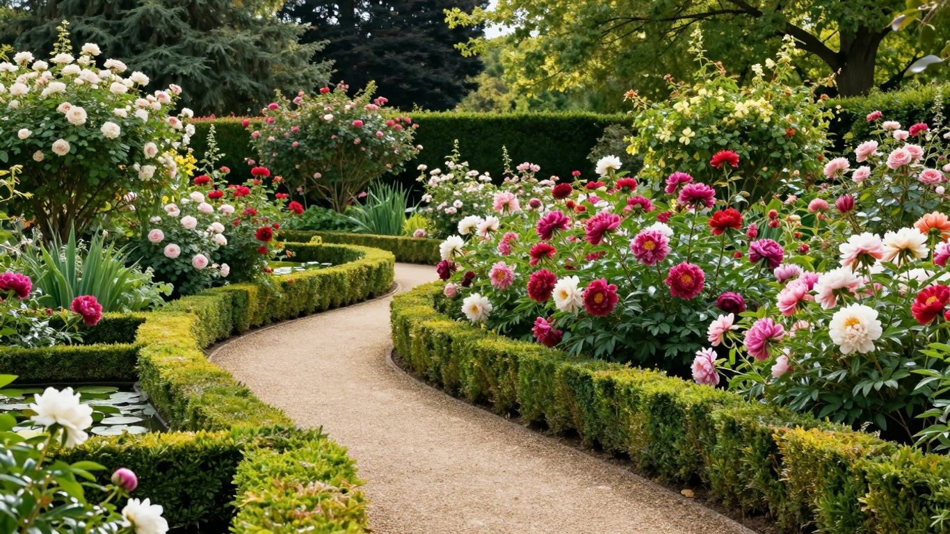 Bloeiende Engelse tuin met pad, heggen en kleurrijke bloemen.