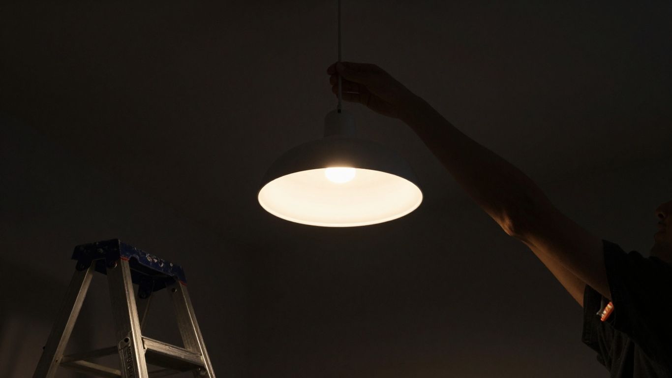 Person hanging a stylish light fixture from the ceiling.