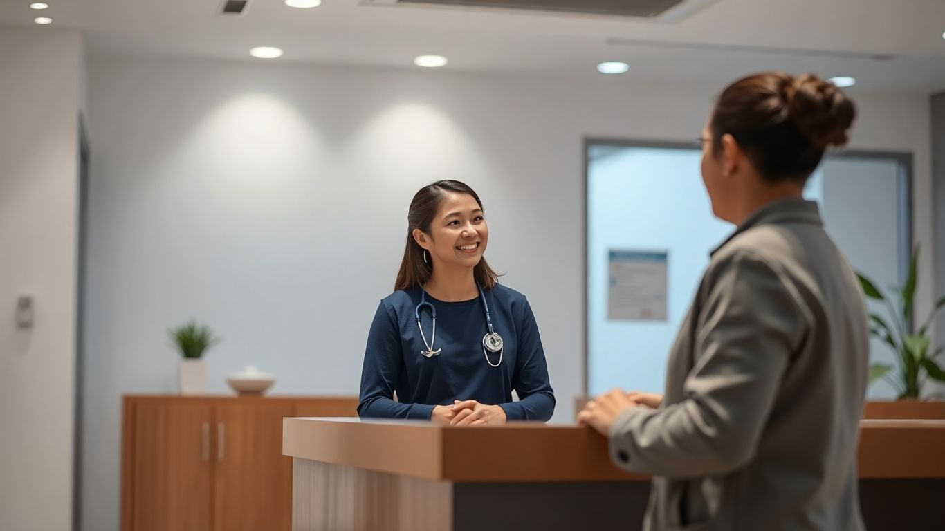 Clinic staff member interacting with patient, digital interface visible.