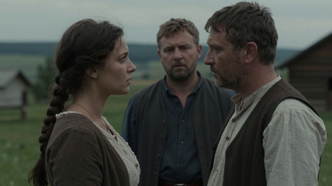 Scenă dintr-un film românesc, iluminare dramatică, costume de epocă.