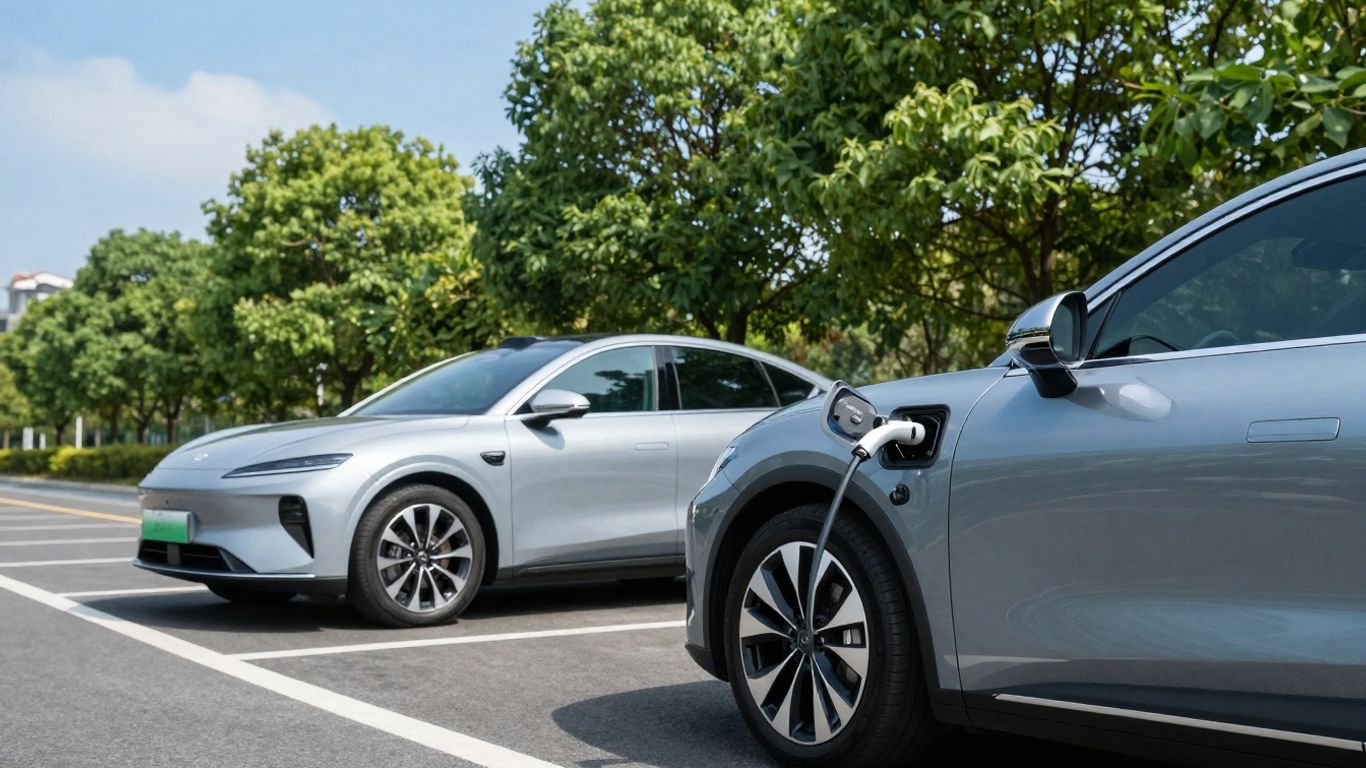 Plug-in hybrid car charging beside an electric car.