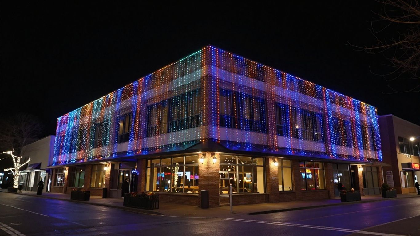 Commercial building decorated with bright Christmas lights at night.