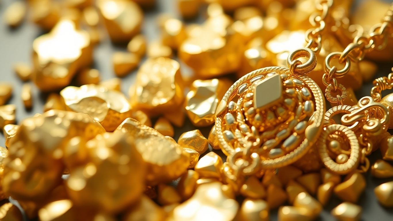 Lingots et bijoux en or recyclé brillants.