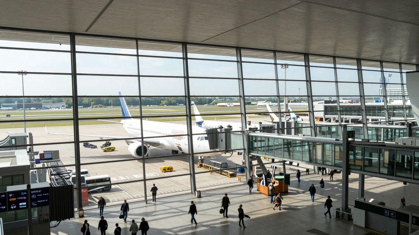 Flughafen Nordrhein-Westfalen mit Flugzeugen und Passagieren