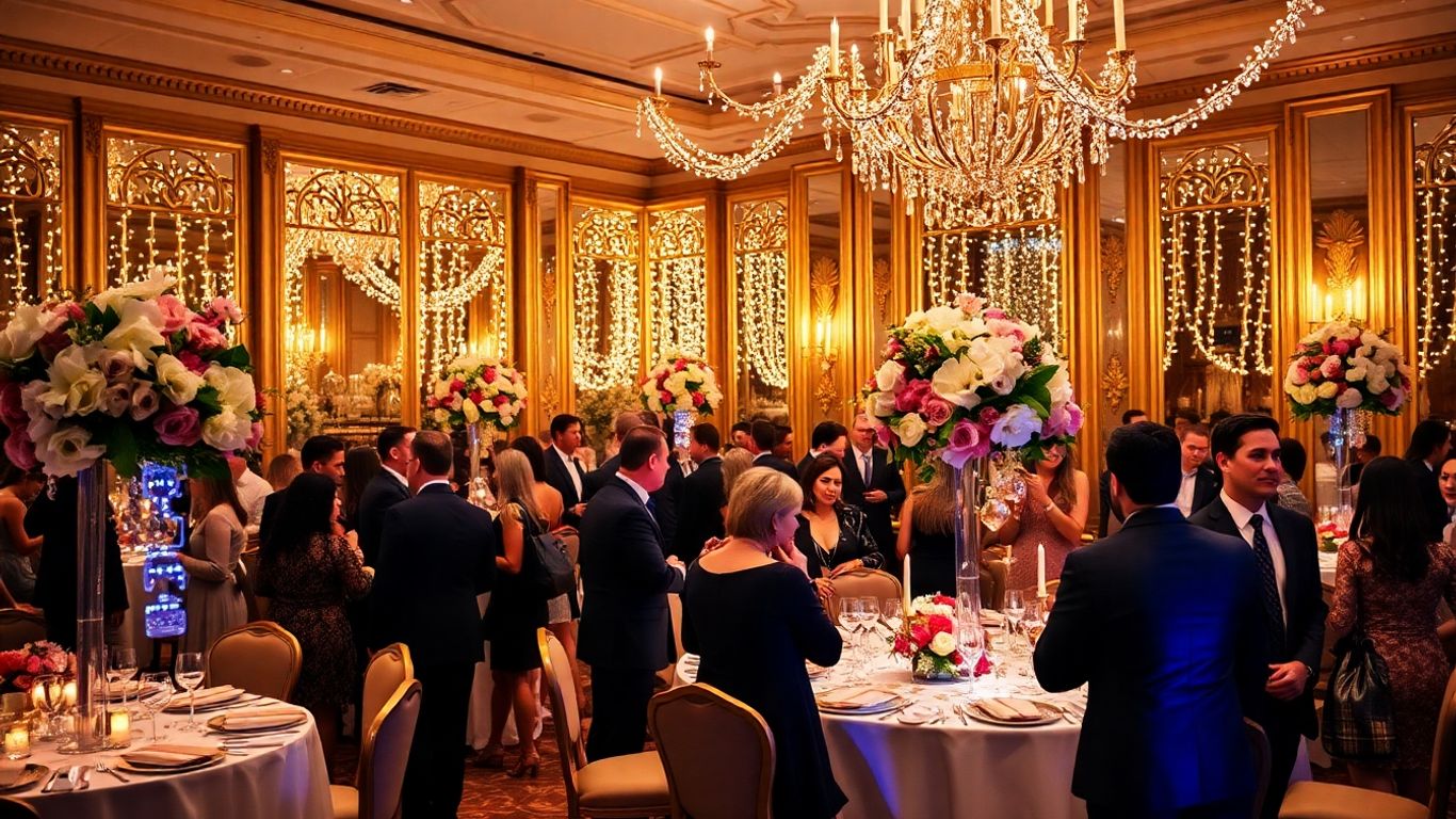 Glamorous Dallas holiday party with lights and decor.