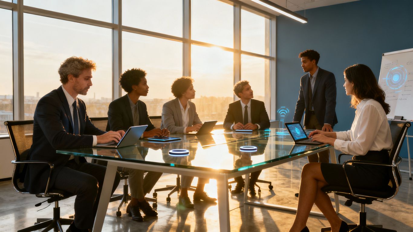 Business team collaborating in a modern office.