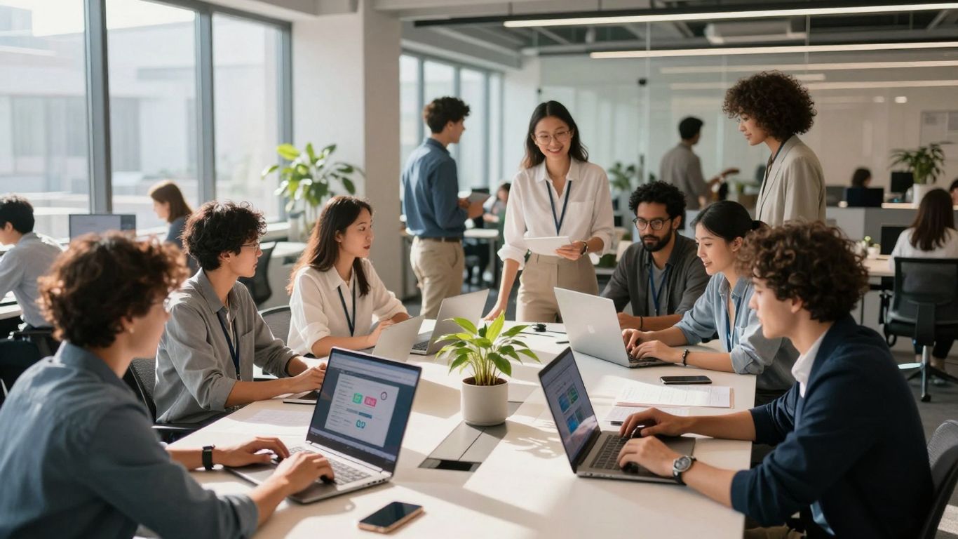 Team collaborating on social media marketing strategies.