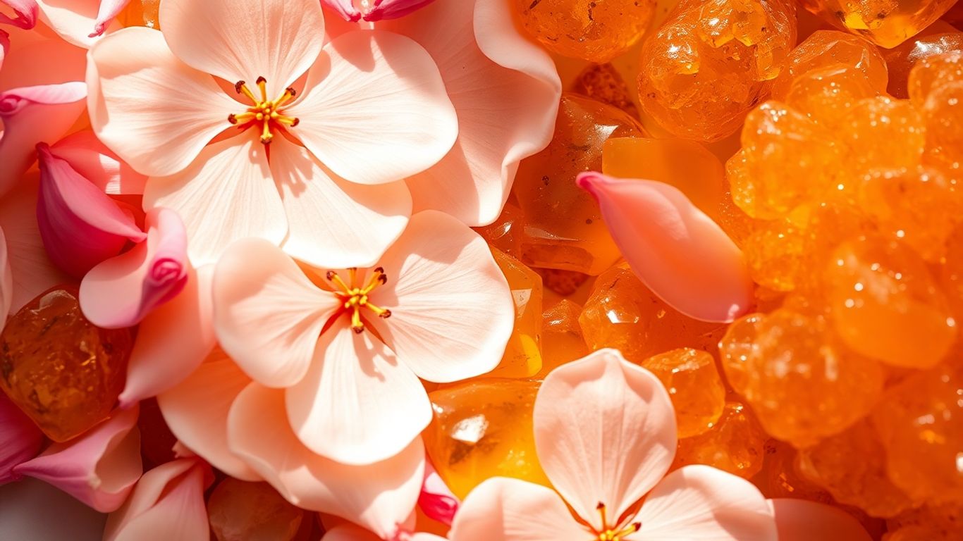Flower petals and amber crystals arranged artfully.