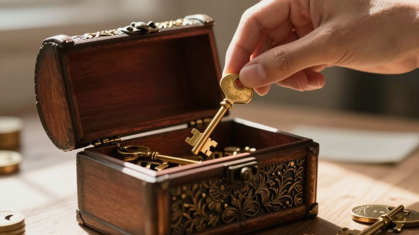 Hand placing key into ornate treasure chest.