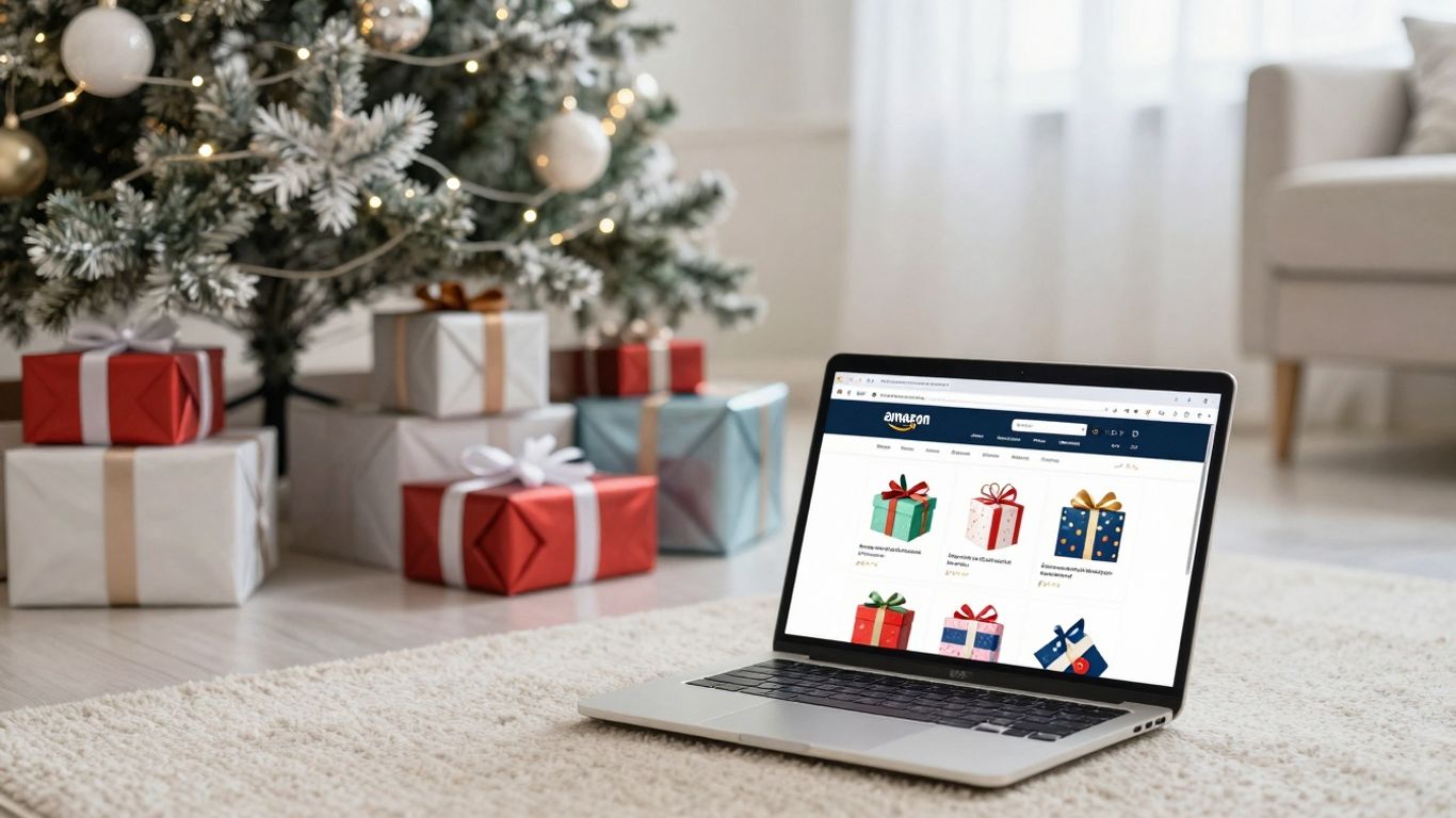 Amazon Christmas list on a laptop near a tree.