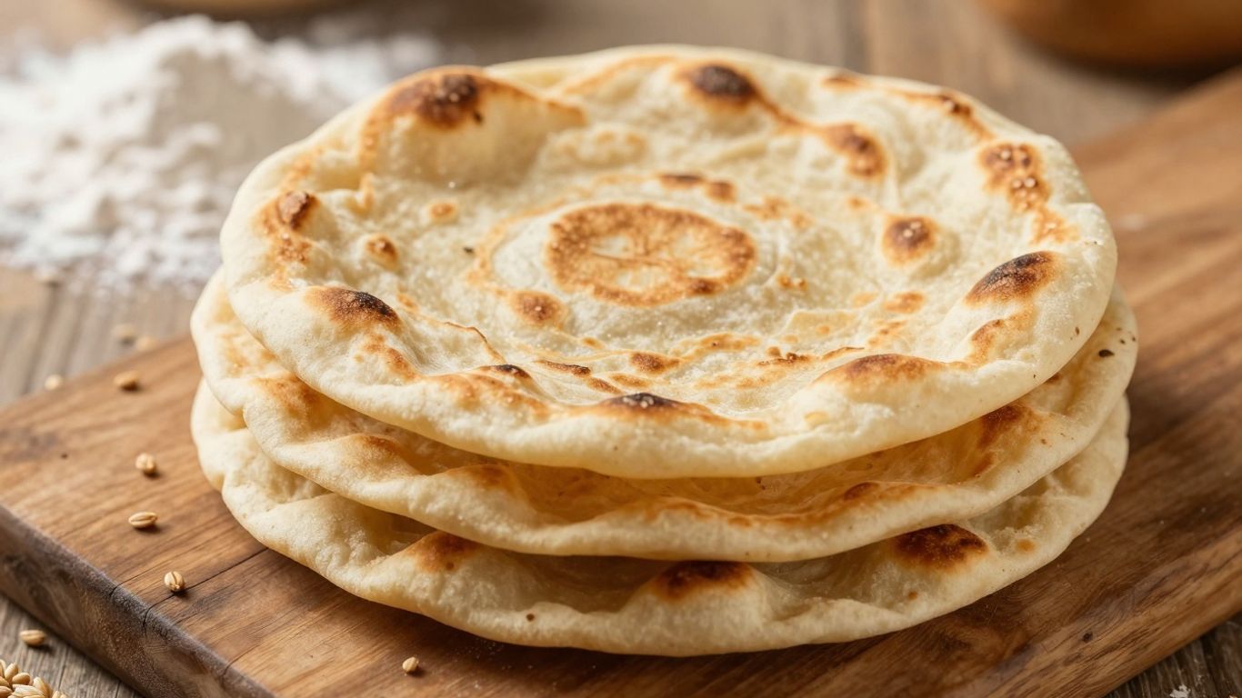 Perfectly puffed rotis stacked on a wooden surface.