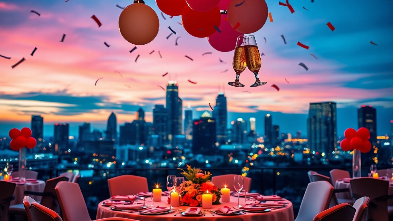 Dallas skyline with party decorations for a milestone birthday.